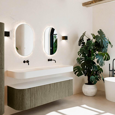 MONDIAZ THOR 160cm meuble de salle de bains arrondi gauche + droite couleur Shadow avec 1 tiroir et 2 portes. Vasque suspendue CLOUD Double sans trou de robinet couleur Talc.