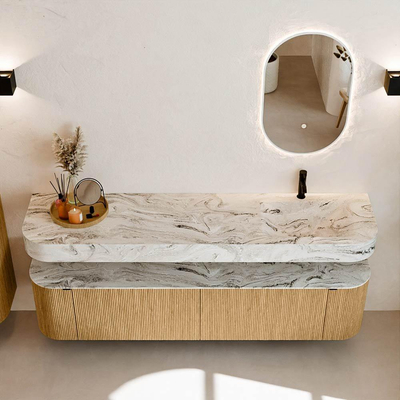 MONDIAZ THOR-DLUX Meuble de salle de bains 190cm arrondi gauche + droite couleur Oak avec 2 tiroirs et 2 portes. Vasque suspendue CLOUD Droite 1 trou de robinet couleur Glace.