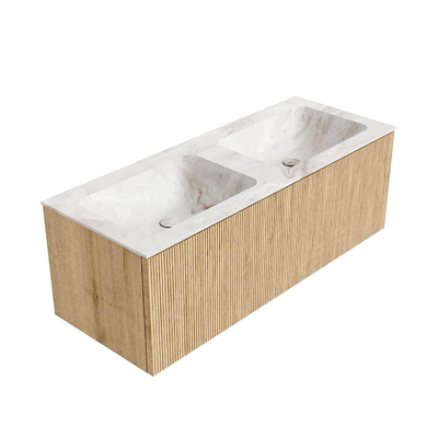 MONDIAZ KURVE-DLUX 120cm Meuble salle de bain - couleur Oak - 1 tiroir - vasque LEAF double - 2 trous de robinet - couleur Frappe