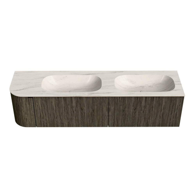 MONDIAZ KURVE-DLUX 175cm meuble de salle de bains arrondi Gauche couleur Shadow avec 2 tiroirs et 1 porte. Lavabo STOR SMALL Double / Droite sans trou de robinet Meli.