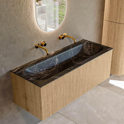 MONDIAZ KURVE-DLUX 120cm badmeubel kleur Oak met 1 lade. Wastafel BIG LARGE midden zonder kraangat kleur Lava.