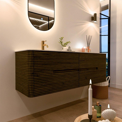 Mondiaz CIRO-DLUX Meuble de salle de bains - 150x45x50cm - Vasque solid surface Opalo - 1 lavabo à gauche - 1 trou de robinet - 4 tiroirs - Shadow