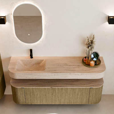 MONDIAZ THOR-DLUX Meuble de salle de bains 160cm arrondi gauche + droite couleur Dusk avec 1 tiroir et 2 portes. Vasque suspendue CLOUD Gauche 1 trou de robinet couleur Saba.