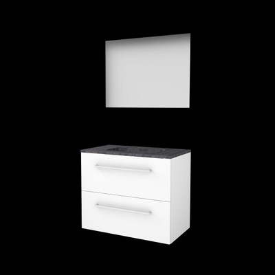 Basic-Line Ultimate 46 ensemble de meubles de salle de bain 80x46cm avec poignées 2 tiroirs lavabo en pierre dure 0 trous de robinetterie miroir éclairage mdf laqué blanc glacier