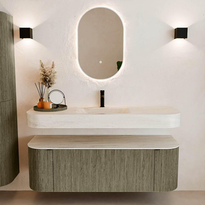 MONDIAZ THOR-DLUX 140cm meuble de salle de bains arrondi gauche + droite couleur Shadow avec 1 tiroir et 2 portes. Vasque suspendue CLOUD Milieu 1 trou de robinet couleur Meli.