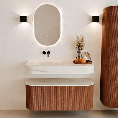 MONDIAZ THOR-DLUX 110cm meuble de salle de bains arrondi gauche + droite couleur Ruby avec 1 tiroir et 2 portes. Vasque suspendue CLOUD Gauche sans trou de robinet couleur Meli.