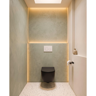 QeramiQ Dely Swirl Toiletset - 36.3x51.7cm - Geberit UP320 inbouwreservoir - met Burda frame - 35mm zitting - mat witte metalen bedieningsplaat - ronde knoppen - mat zwart
