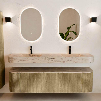 MONDIAZ THOR-DLUX 170cm meuble de salle de bains arrondi gauche + droite couleur Dusk avec 1 tiroir et 2 portes. Vasque suspendue CLOUD Double 2 trous de robinet couleur Arena.