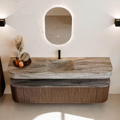 MONDIAZ THOR-DLUX 180cm badmeubel ronding links + rechts kleur Walnut met 2 lades en 2 deuren. Vrijhangende wastafel CLOUD Midden 1 kraangat kleur Oza.