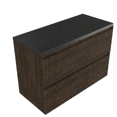 Saniclass Holz Atelier Ensemble meuble de salle de bains - 100x45x63cm - Plan vasque en basalte Noche poli (noir) - 1 trou de robinet - 2 tiroirs - chêne charcoal mat (bois)