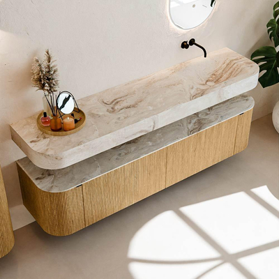 MONDIAZ THOR-DLUX 190cm badmeubel ronding links + rechts kleur Oak met 2 lades en 2 deuren. Vrijhangende wastafel CLOUD Rechts zonder kraangat kleur Frappe.