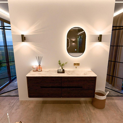 Mondiaz CIRO-DLUX Badkamermeubelset - 150x45x50cm - Solid surface wastafel Frappe - 1 wasbak Rechts - zonder kraangaten - 4 lades - Walnut