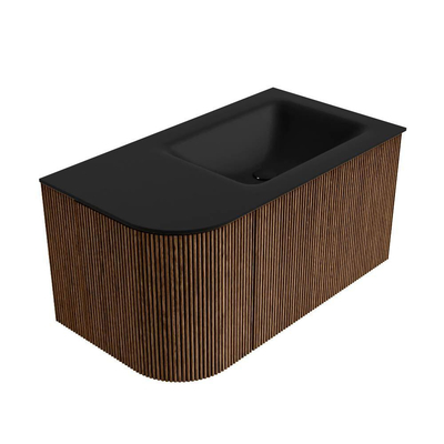 MONDIAZ KURVE 85cm Meuble salle de bain avec module 25 G - couleur Walnut - 1 tiroir - 1 porte - vasque CLOUD droite - 1 trou de robinet - Urban