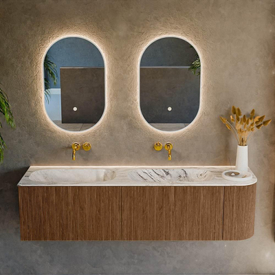 MONDIAZ KURVE-DLUX 165cm Meuble salle de bain avec module 25 D - couleur Walnut - 2 tiroirs - 1 porte - vasque STOR SMALL double / gauche - sans trou de robinet - couleur Glace