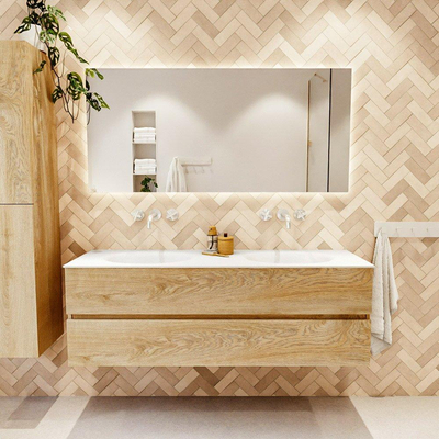 MONDIAZ VICA meuble sous lavabo 150cm Chêne blanchi 2 tiroirs. Lavabo MOON double sans trou de robinet, couleur Talc.