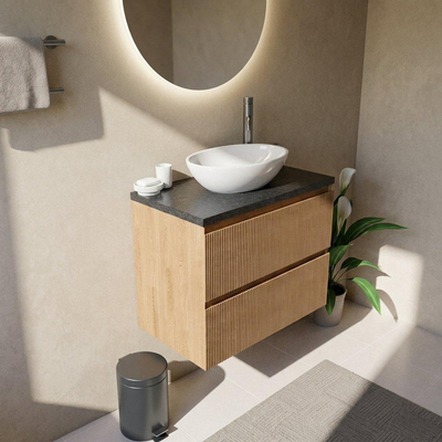 Saniclass Holz Atelier Ensemble meuble de salle de bains - 80x45x63cm - Plan vasque en basalte Noche poli (noir) - 1 trou de robinet - 2 tiroirs - chêne naturel mat (bois)