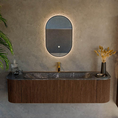 MONDIAZ KURVE-DLUX 170cm Meuble salle de bain avec module 25 G et D - couleur Walnut - 1 tiroir - 2 portes - vasque BIG LARGE centre - 1 trou de robinet - couleur Lava