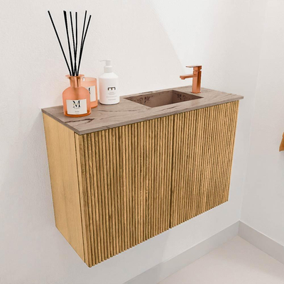 Mondiaz JOYA-DLUX 60cm toiletmeubel - kleur Oak - Wastafel FAYE positie Rechts 1 kraangat kleur Arena.
