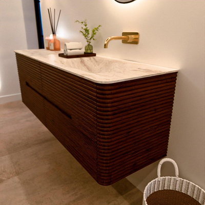 Mondiaz CIRO-DLUX Ensemble de meubles de salle de bains - 150x45x50cm - vasque en solid surface Frappe - 1 lavabo à droite - sans trous de robinet - 4 tiroirs - Ruby