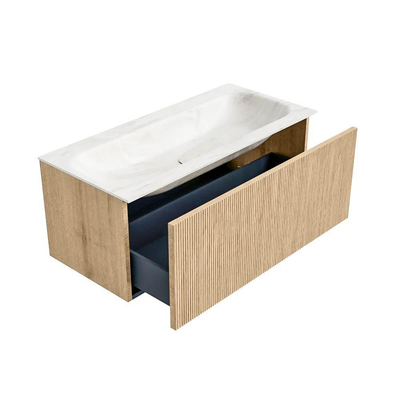MONDIAZ KURVE-DLUX Meuble de salle de bains 100 cm couleur Oak avec 1 tiroir. Vasque BIG MEDIUM centrée sans trou de robinet couleur Ostra.