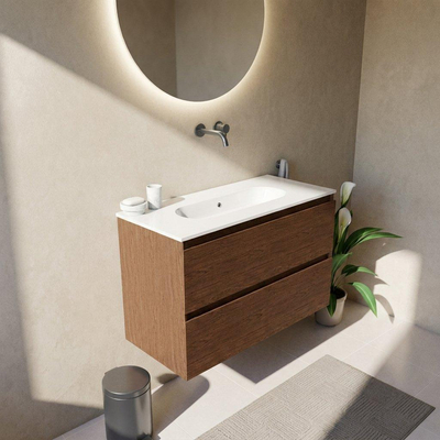 Saniclass Holz Pure Ensemble de meubles de salle de bains - 100x45x73.9cm - lavabo en céramique Chaci blanc - 1 vasque - sans trou de robinet - 2 tiroirs - noyer pure mat (bois)
