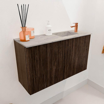 Mondiaz JOYA-DLUX 70cm toiletmeubel - kleur Walnut - Wastafel FAYE positie Rechts 1 kraangat kleur Glace.