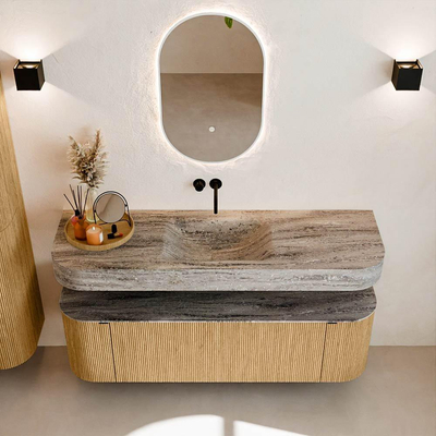 MONDIAZ THOR-DLUX 150cm meuble de salle de bains arrondi gauche + droite couleur Oak avec 1 tiroir et 2 portes. Vasque suspendue CLOUD Milieu sans trou de robinet couleur Oza.