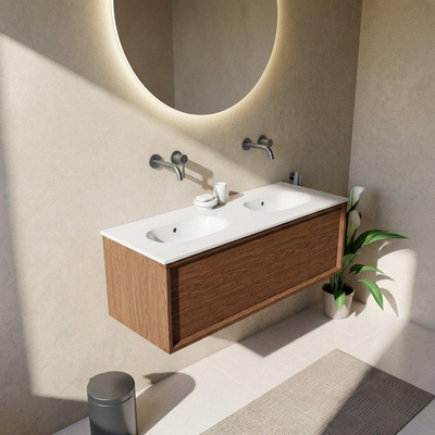 Saniclass Holz Frame Ensemble meuble de salle de bains - 120x45x54cm - Chaci lavabo en céramique blanc - 2 vasques - sans trous de robinetterie - 1 tiroir - walnut pure mat (bois)