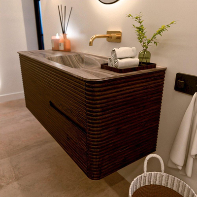 Mondiaz CIRO-DLUX Badkamermeubelset - 120x45x50cm - Solid surface wastafel Sombra - 1 wasbak Rechts - zonder kraangaten - 2 lades - Walnut