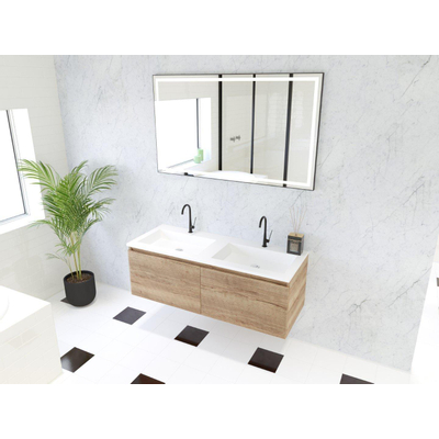 HR Matrix ensemble meuble de salle de bain 3d 120cm 2 tiroirs sans poignée avec bandeau couleur chêne français avec vasque fine double 2 robinets blanc mat