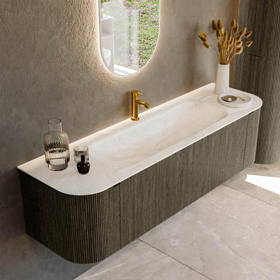 Mondiaz KURVE-DLUX Ensemble de meuble de salle de bains - 160x46x40cm - 1 tiroir - 2 portes - lavabo solid surface - central - 1 trou de robinet - Shadow