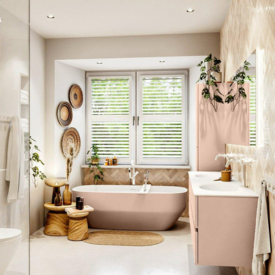 MONDIAZ Vica Ensemble meuble de salle de bains - 170cm - meuble bas rosee - 4 tiroirs - vasque moon double - 2 trous de robinet - version haute 60cm - talc