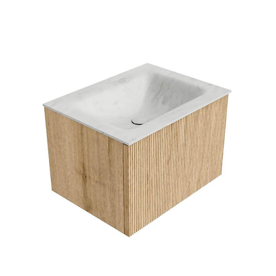 MONDIAZ KURVE-DLUX 60cm badmeubel kleur Oak met 1 lade. Wastafel CLOUD midden zonder kraangat kleur Opalo.