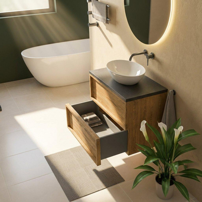 Saniclass Holz Frame Ensemble meuble de salle de bains - 80x45x63cm - Plan vasque en basalte Noche poli (noir) - sans trou de robinet - 2 tiroirs - chêne natural mat (bois)