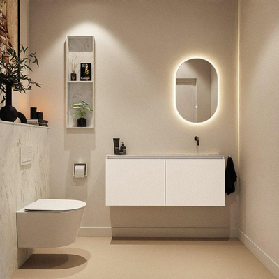 MONDIAZ TURE-DLUX Meuble de toilettes 120 cm Talc. Lavabo EDEN Opalo position droite. Sans trou de robinet.