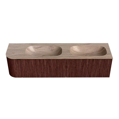 MONDIAZ KURVE-DLUX 175cm meuble de salle de bains avec arrondi à gauche couleur Ruby avec 2 tiroirs et 1 porte. Lavabo STOR SMALL Double / Droite 2 trous de robinet Saba.