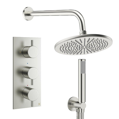 Crosswater MPRO Ensemble de douche de tête encastré - 3 leviers - pomme de douche 30 cm - douchette à main - bras mural - inox brossé