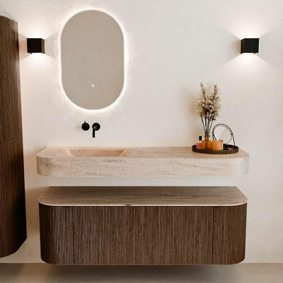 MONDIAZ THOR-DLUX 140cm badmeubel ronding links + rechts kleur Walnut met 1 lade en 2 deuren. Vrijhangende wastafel CLOUD Links zonder kraangat kleur Saba.