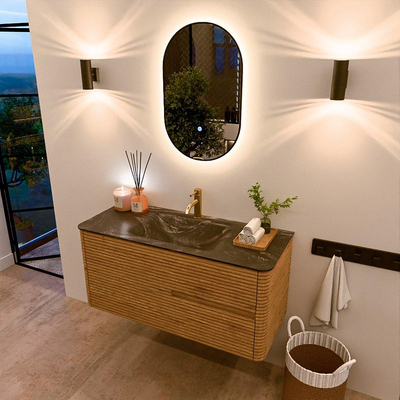 Mondiaz CIRO-DLUX Ensemble de meubles de salle de bains - 110x45x50cm - vasque solid surface Lava - 1 lavabo au centre - 1 trou de robinet - 2 tiroirs - Chêne