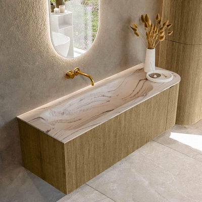MONDIAZ KURVE-DLUX Meuble de salle de bains 135cm arrondi à droite couleur Dusk avec 1 tiroir et 1 porte. Lavabo BIG MEDIUM à gauche sans trou de robinet Nata.