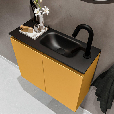 MONDIAZ TURE Toiletmeubel 60x23x50cm met 1 kraangaten 2 deuren ocher mat Wastafel Eden rechts Solid Surface Zwart
