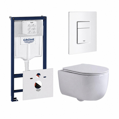 QeramiQ Dely Swirl Toiletset - 36.5x 53cm - Grohe Rapid inbouwreservoir - 35mm zitting - witte bedieningsplaat - rechthoekige knoppen - glans wit
