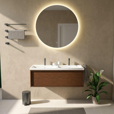 Saniclass Holz Frame Ensemble de meubles de salle de bains - 120x45x43.5cm - Lavabo en céramique Bari blanc - 2 vasques - 2 trous de robinetterie - 1 tiroir - mat walnut pure (bois)