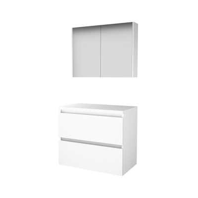 Basic-Line Comfort 46 ensemble de meubles de salle de bain 80x46cm sans poignée 2 tiroirs plan vasque miroir armoire mdf laqué blanc glacier