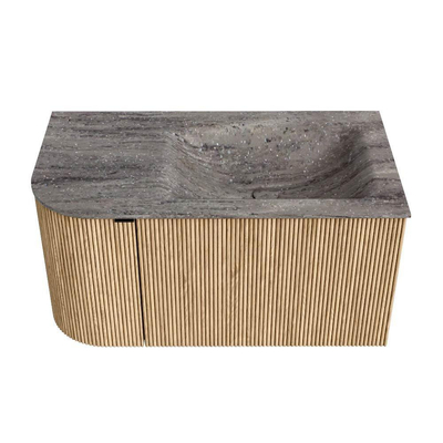 MONDIAZ KURVE-DLUX 85cm badmeubel ronding Links kleur Oak met 1 lade en 1 deur. Wastafel CLOUD Rechts zonder kraangat Oza.