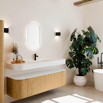 MONDIAZ THOR 160cm meuble de salle de bains arrondi gauche + droite couleur Oak avec 1 tiroir et 2 portes. Vasque suspendue CLOUD Milieu 1 trou de robinet couleur Talc.