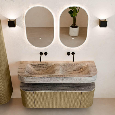 MONDIAZ THOR-DLUX 130cm meuble de salle de bains arrondi gauche + droite couleur Dusk avec 1 tiroir et 2 portes. Vasque suspendue CLOUD Double sans trou de robinet couleur Oza.