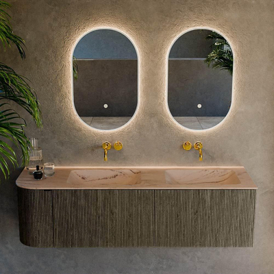 MONDIAZ KURVE-DLUX meuble de salle de bains 155 cm arrondi à gauche couleur Shadow avec 2 tiroirs et 1 porte. Lavabo LEAF Double / à droite sans trou de robinet Arena.