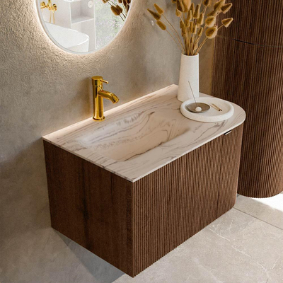 MONDIAZ KURVE-DLUX 75cm badmeubel ronding Rechts kleur Walnut met 1 lade en 1 deur. Wastafel GRUNNE Links 1 kraangat Nata.