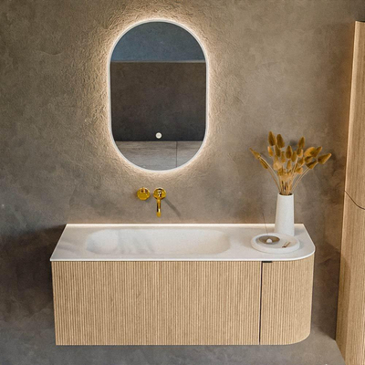 MONDIAZ KURVE Meuble de salle de bains 115 cm avec module 25 R couleur Oak avec 1 tiroir et 1 porte. Lavabo BIG SMALL gauche sans trou de robinet Talc.